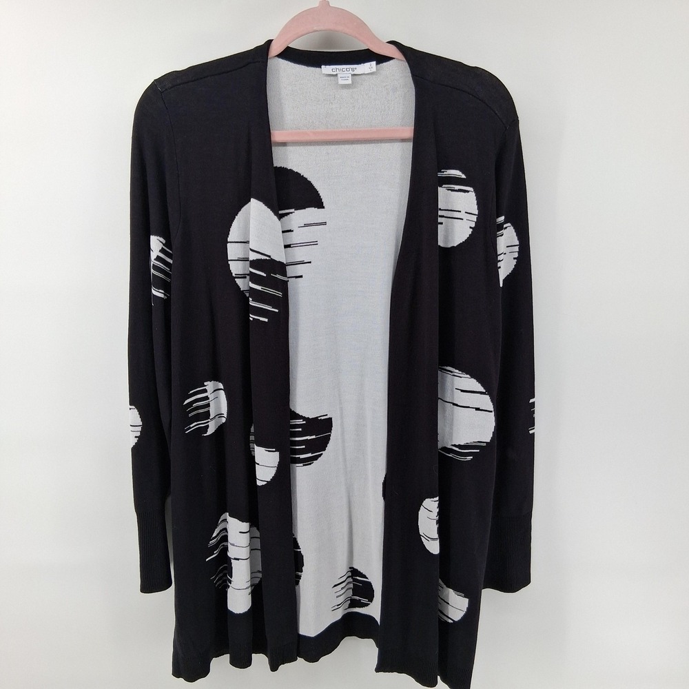 Chicos Cardigan Sweater Womens L 2 Black Geometric Open Front Knit Long Sleeve